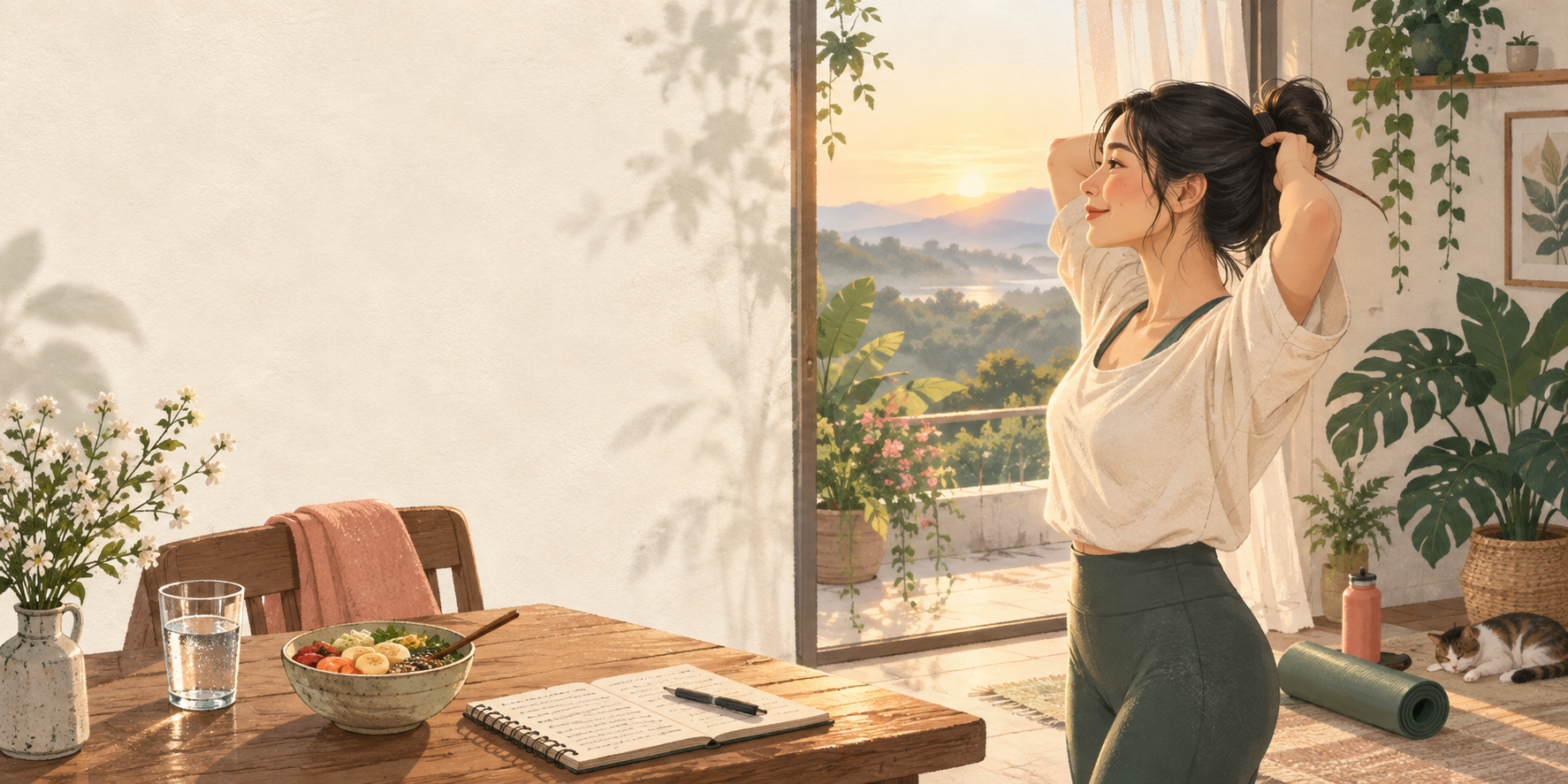 Minh họa một người phụ nữ bắt đầu lại với những thói quen chăm sóc bản thân nhỏ mỗi ngày